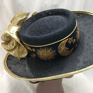 Blue Accessory Lady Straw Sun Hat with Gold Embroidery, Rim, & Ruffle